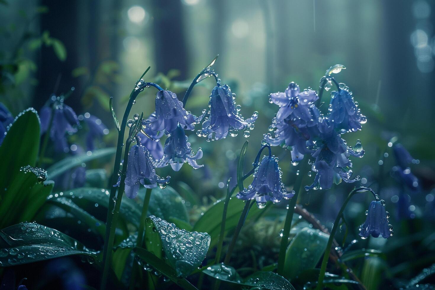 Nature Intimate Dewdrops on Delicate Bluebell Wildflowers in Forest Clearing nature background photo