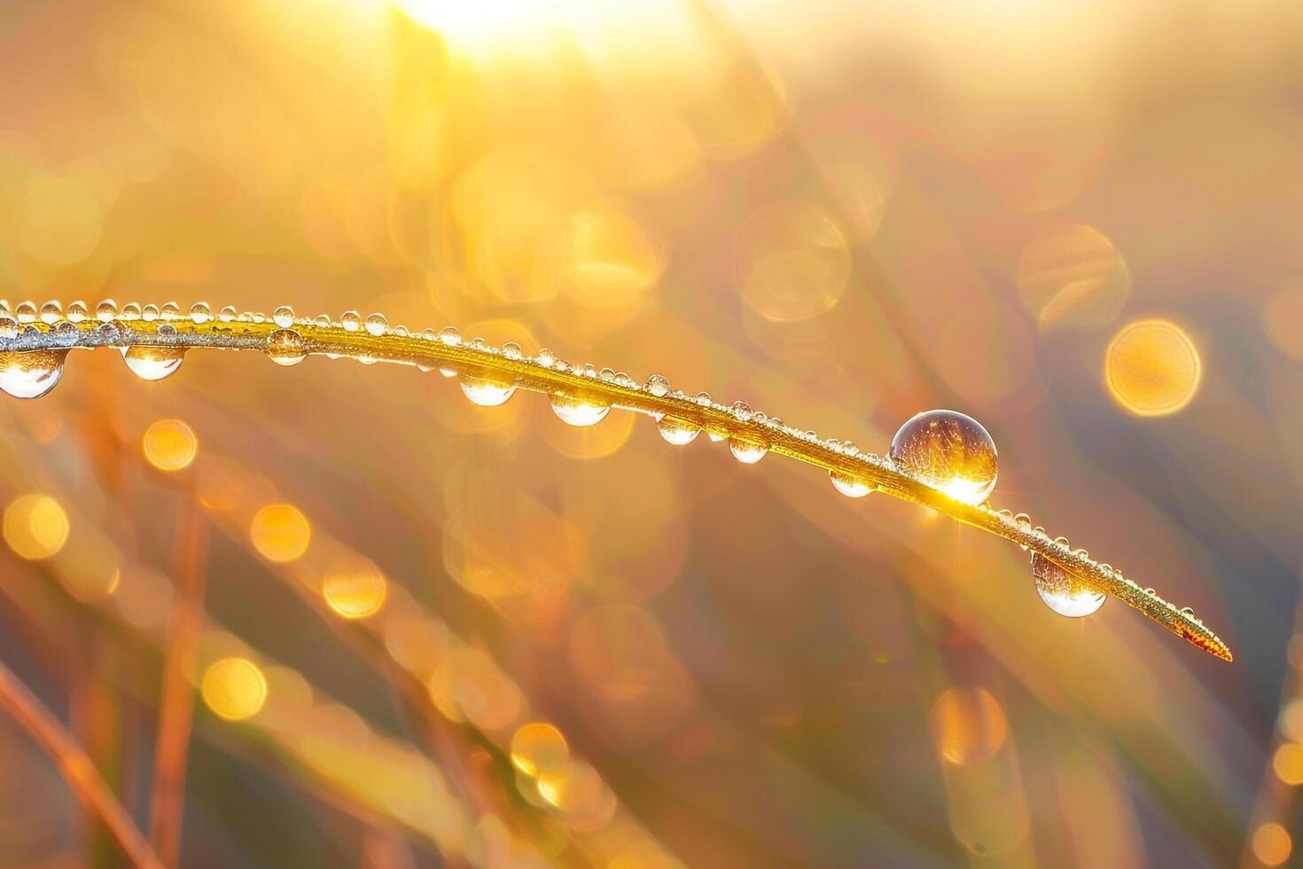 Delicate Sunlight Illuminating Single Raindrop on Blade of Grass nature background photo