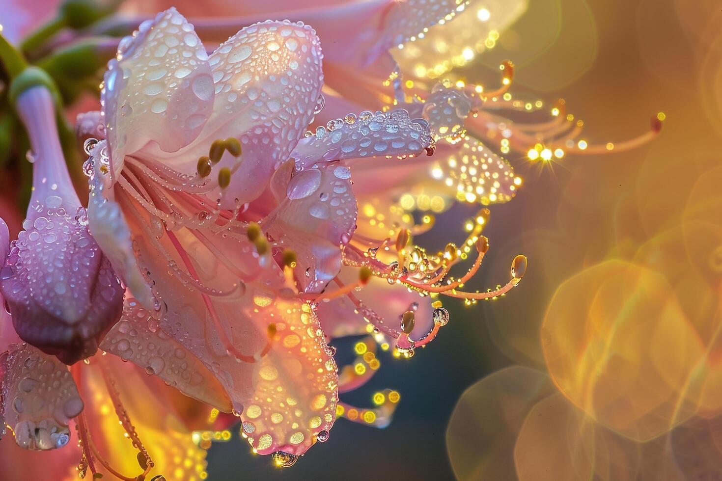 Morning Dew Covered Flowers in Delicate Sunlight nature background photo