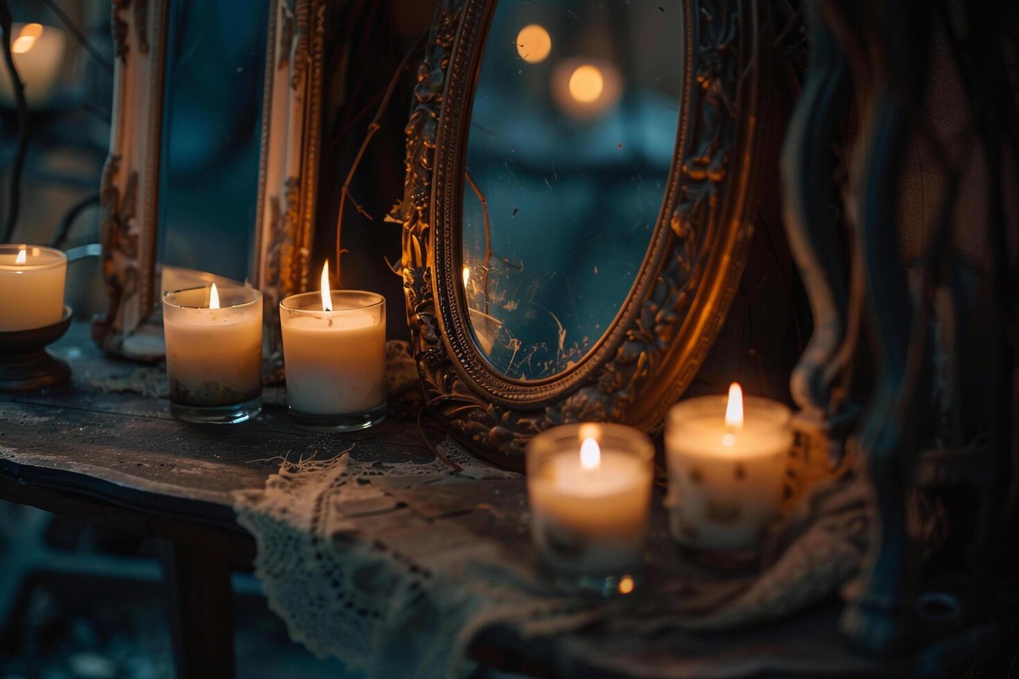 Glow of candles reflected in antique mirrors in quiet dimly lit room background nature photo