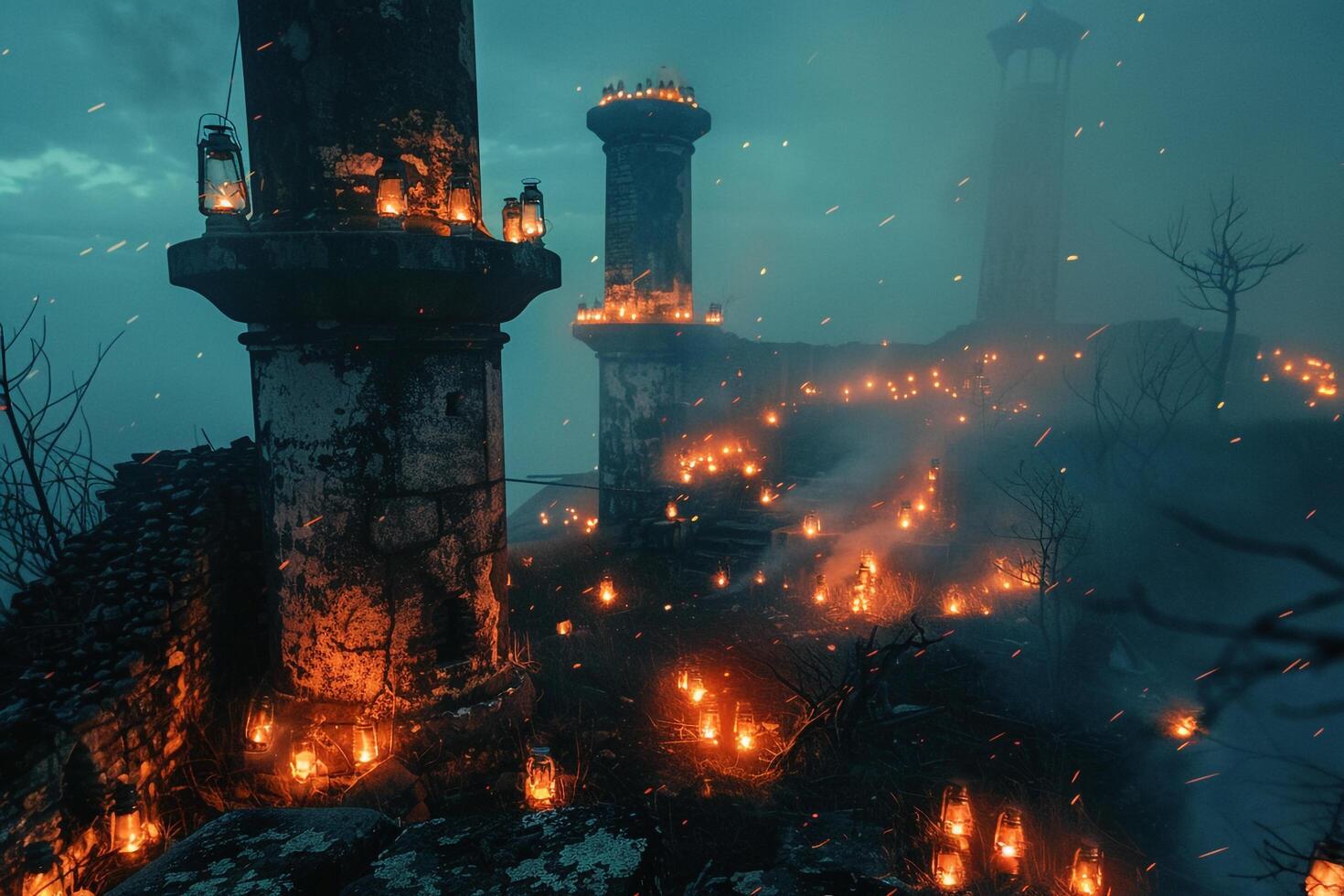 Glow of lanterns illuminating abandoned lighthouse tower surrounded by flames photo