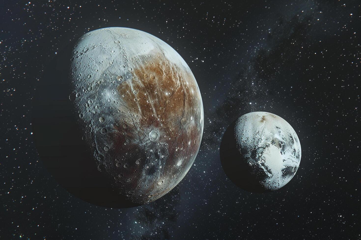 Pluto and Charon Icy Surfaces and Rugged Terrain in Kuiper Belt Background and Nature photo