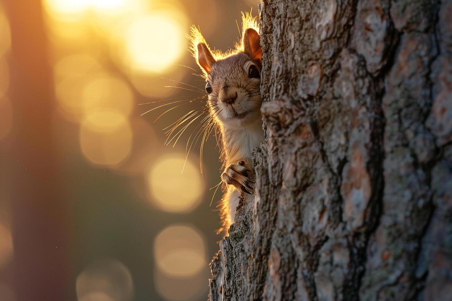 Squirrel Peeking Out from Behind Tree Trunk Sunlight Illuminating Its Fur nature background photo