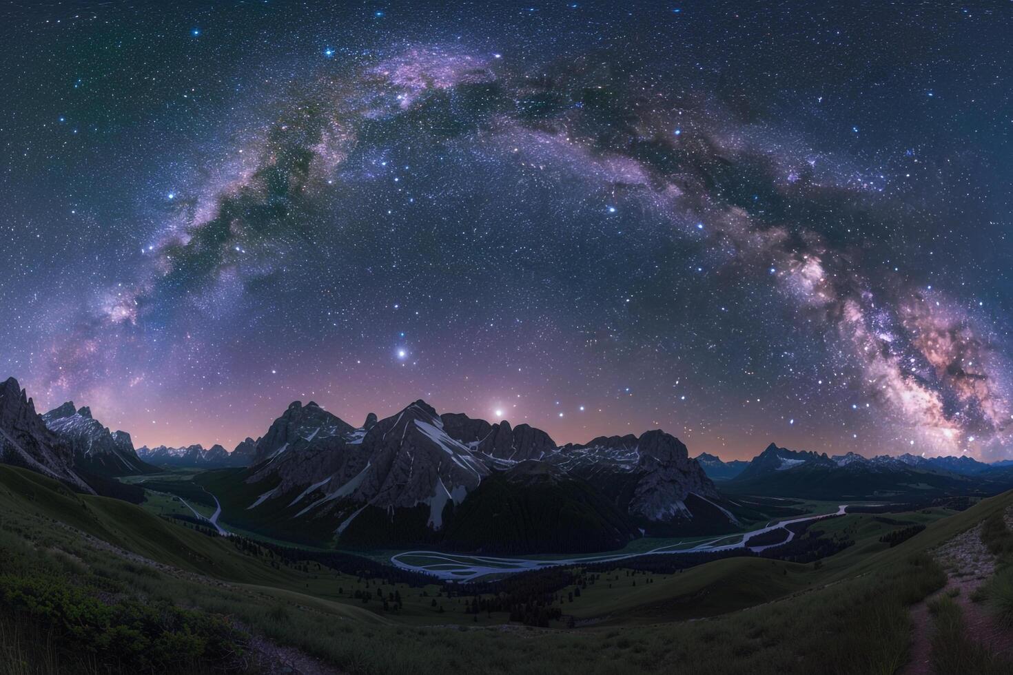 Stellar Splendor Milky Way Galaxy Arching Across Night Sky Over Serene Mountain Landscape   nature background photo