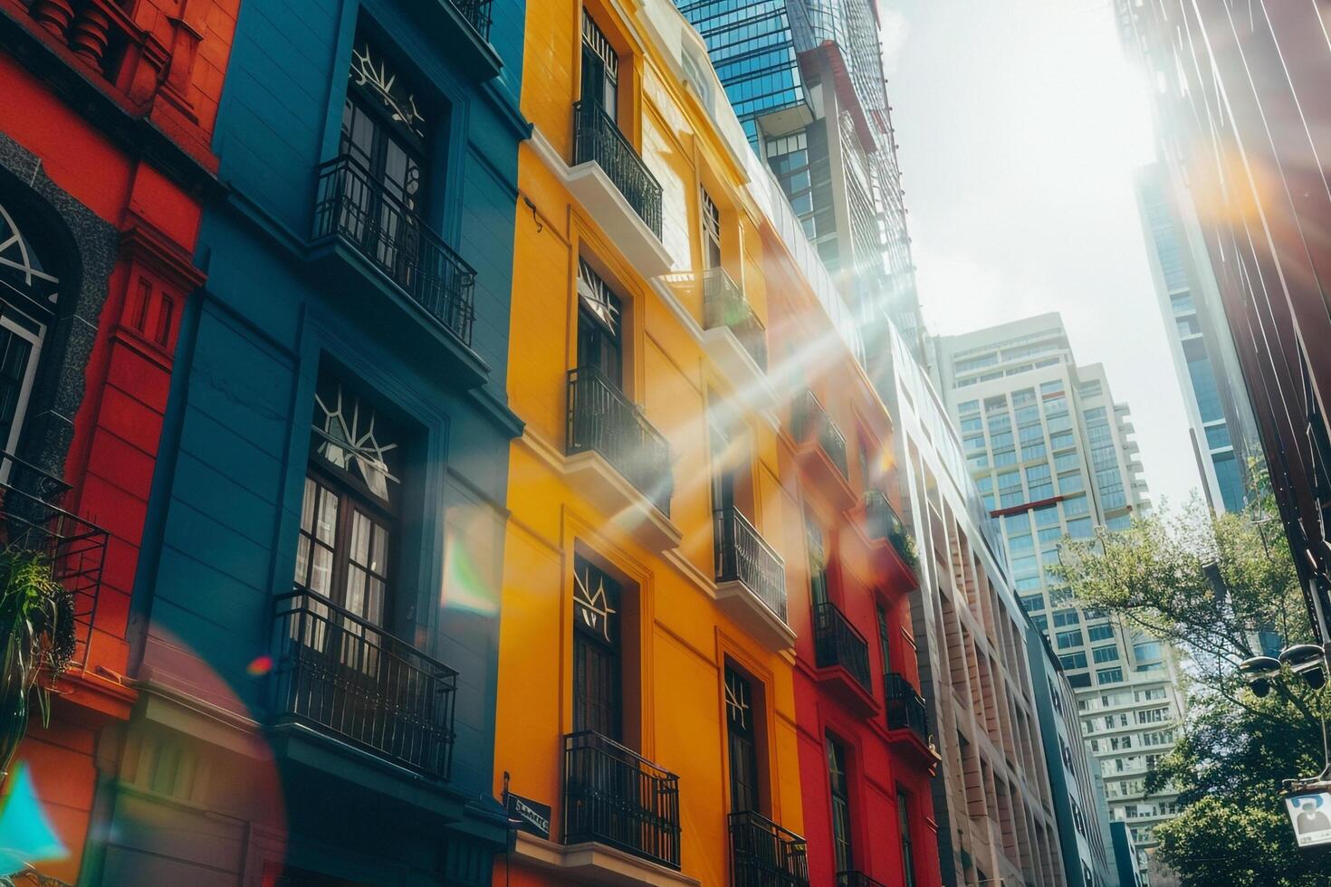 Sunlight Reflecting Off Colorful Buildings in Bustling City Street photo