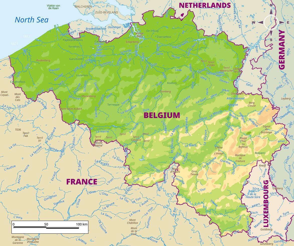 Detailed physical map of Belgium vector