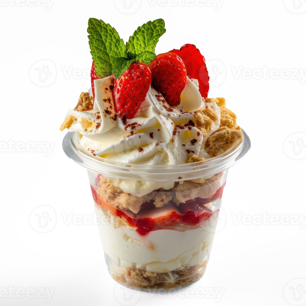 a dessert with strawberries and cream in a cup on transparent background png