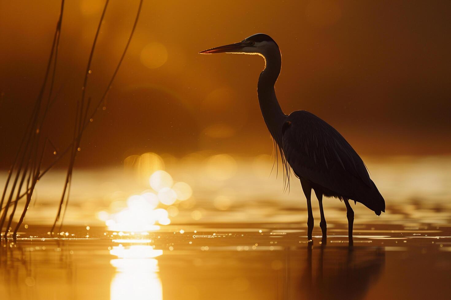 Backlita Heron Standing Gracefully in Shallow Water. Silhouette Against Glowing Sunset Sky. Nature Background photo