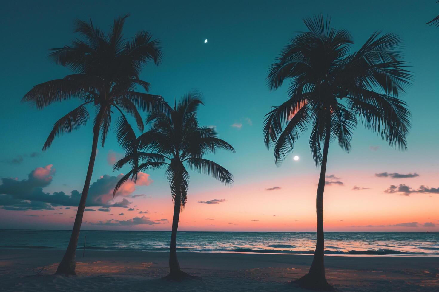 Palm Trees Silhouetted Against a Dramatic Sky During Twilight on a Tranquil Beach in Nature Background photo