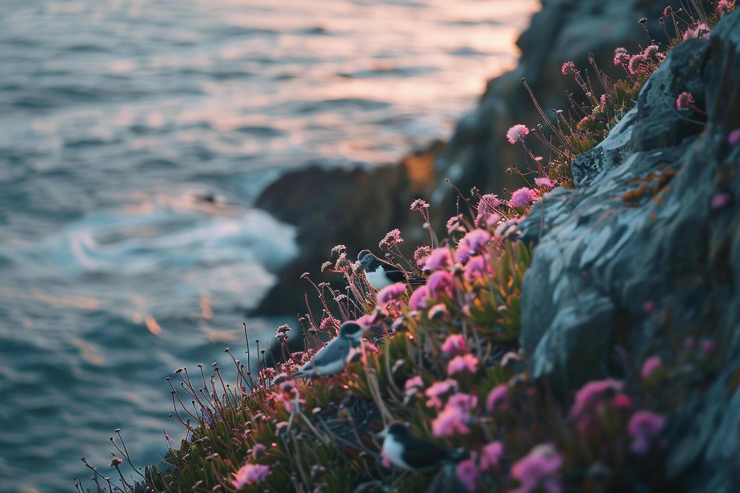Seabirds on Coastal Cliff with Sea Thrift in Nature Background photo