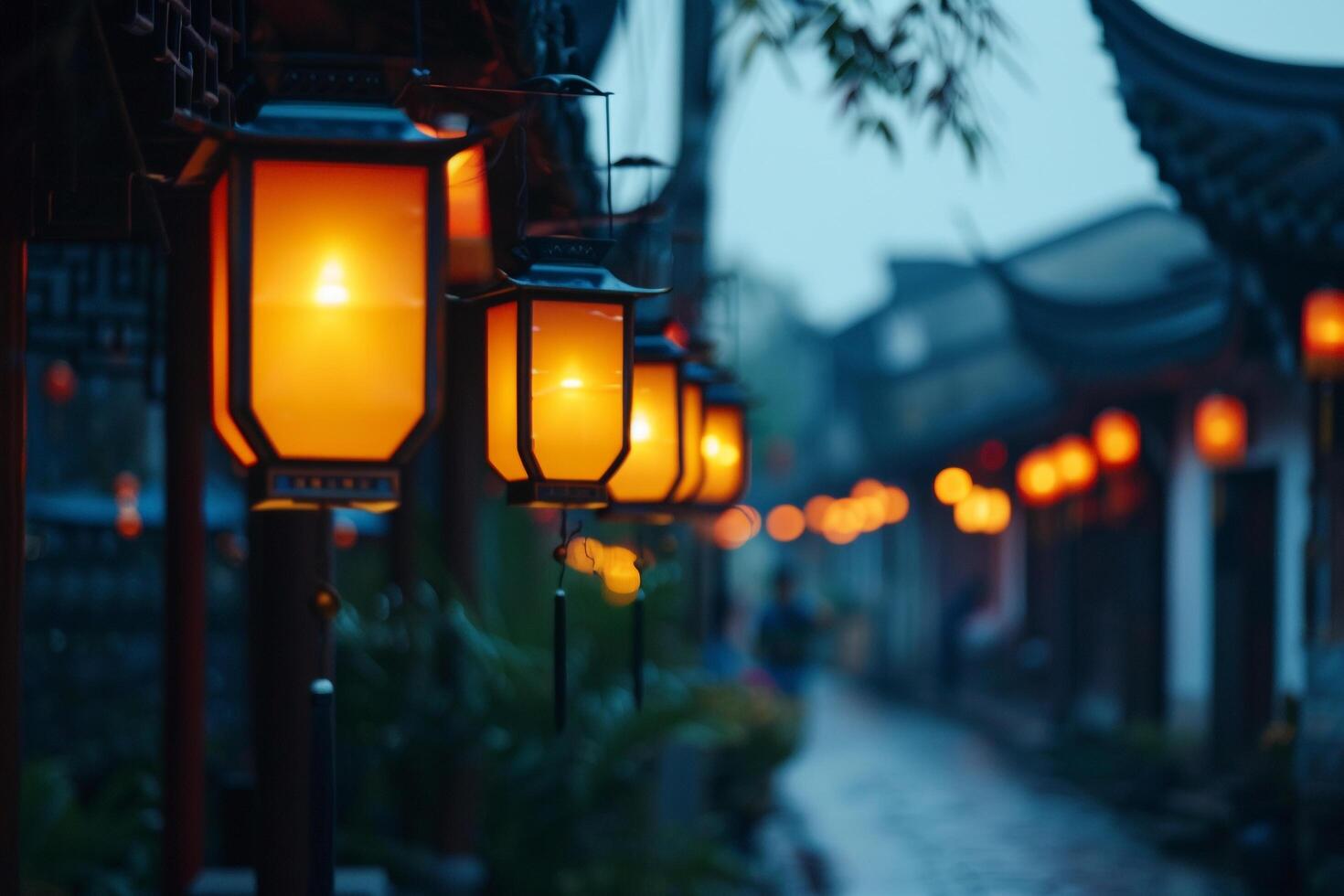 Traditional Lantern Festival in a Historic Town with Lanterns Glowing at Dusk photo