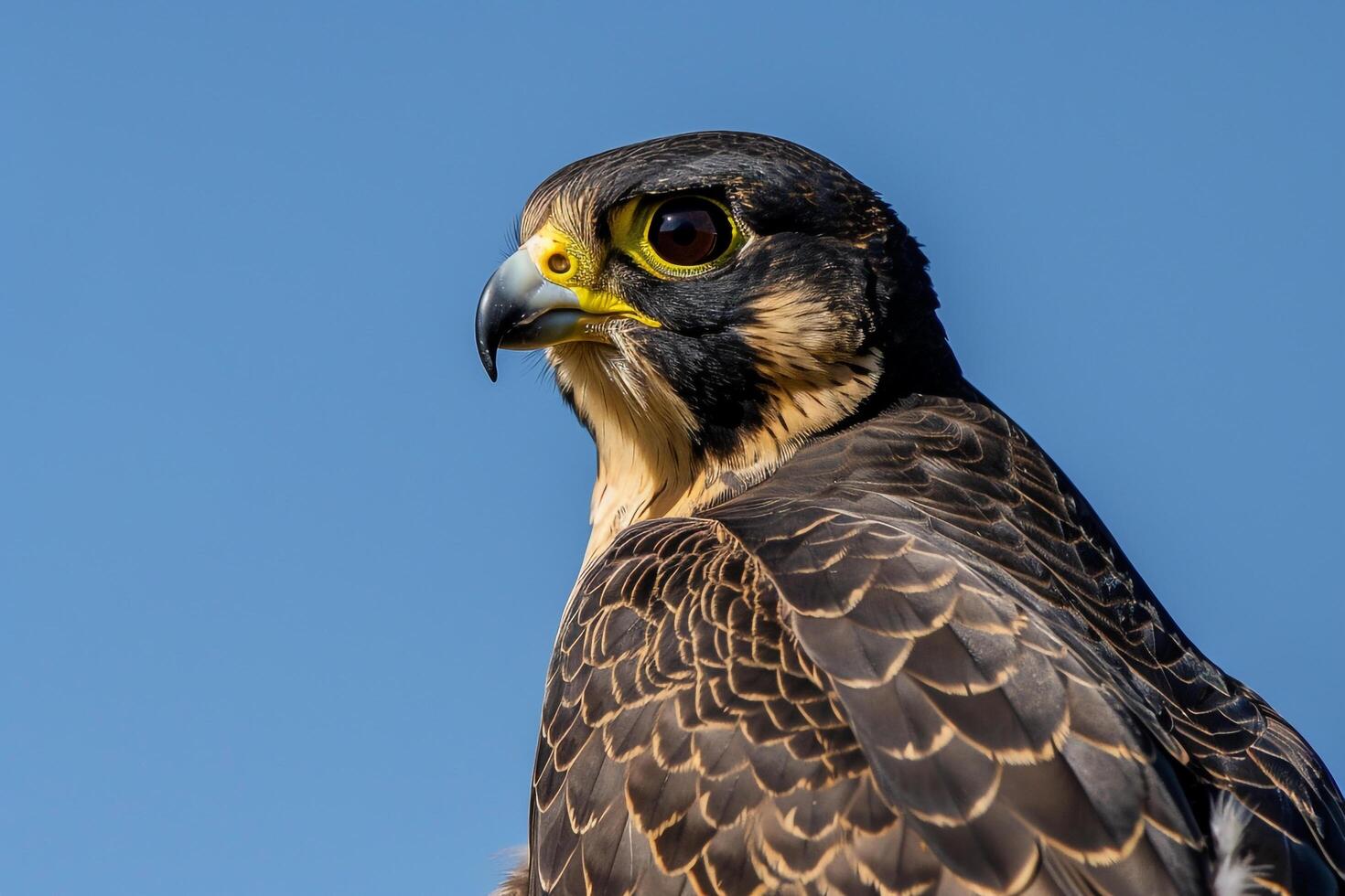 Portrait of a Peregrine Falcon with ed Eyes Against a Clear Blue Sky Nature Background photo
