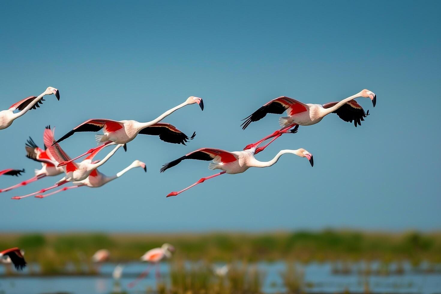 Dynamica Flock of Flamingos Taking Flight Over a  Salt Marsh with Their Pink Feathers Contrasting Against the Blue Sky Nature Background photo
