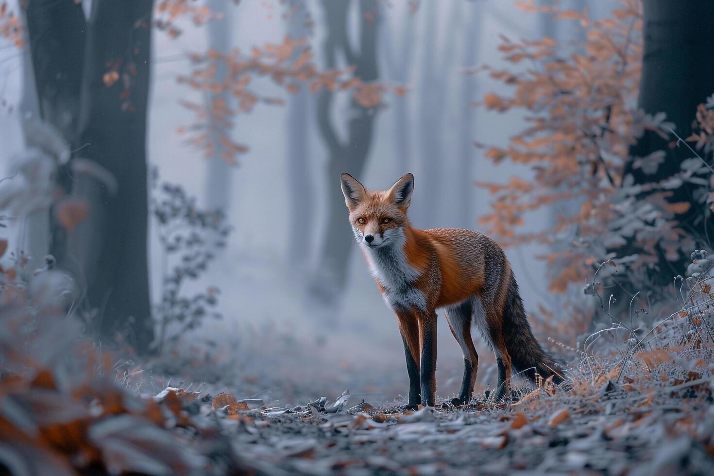 Fox Hunting in a Misty Forest Clearing with Nature Background photo