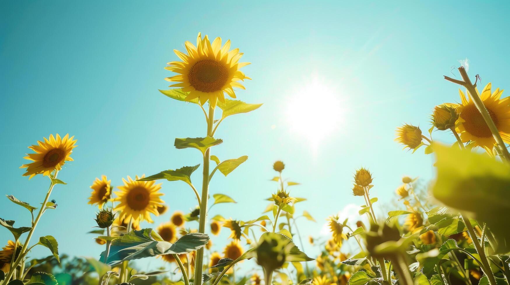 A vibrant sunflower field under a bright blue summer sky. photo