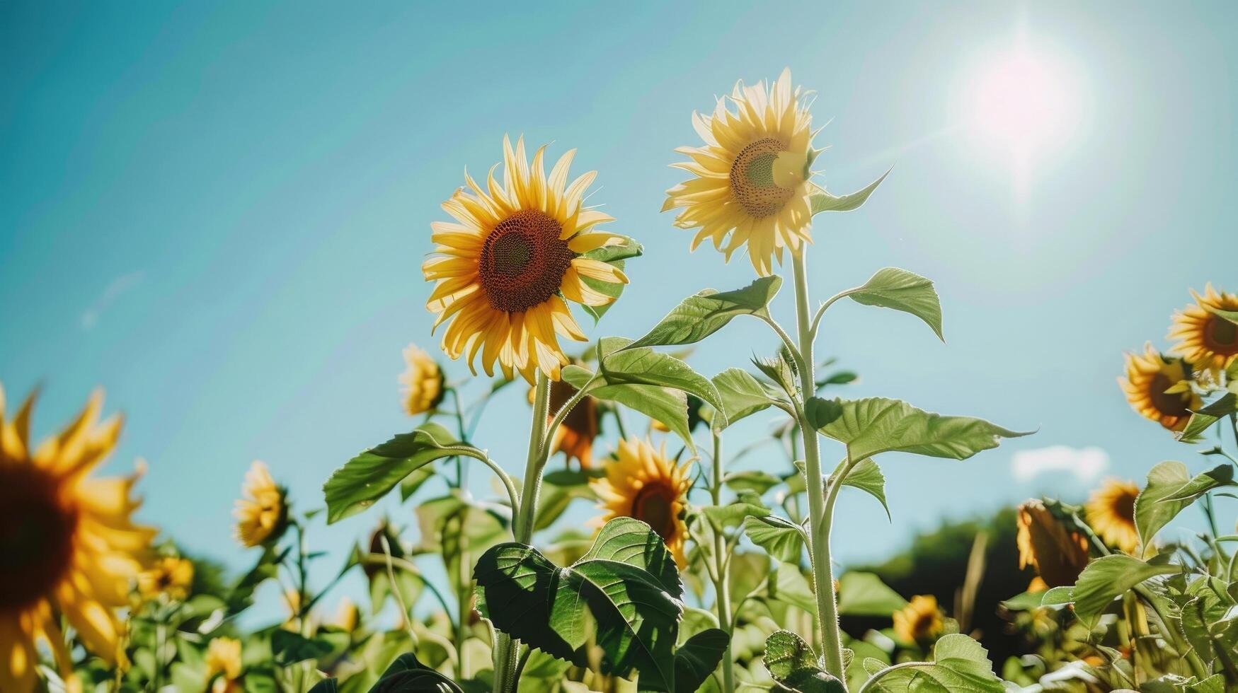 A vibrant sunflower field under a bright blue summer sky. photo