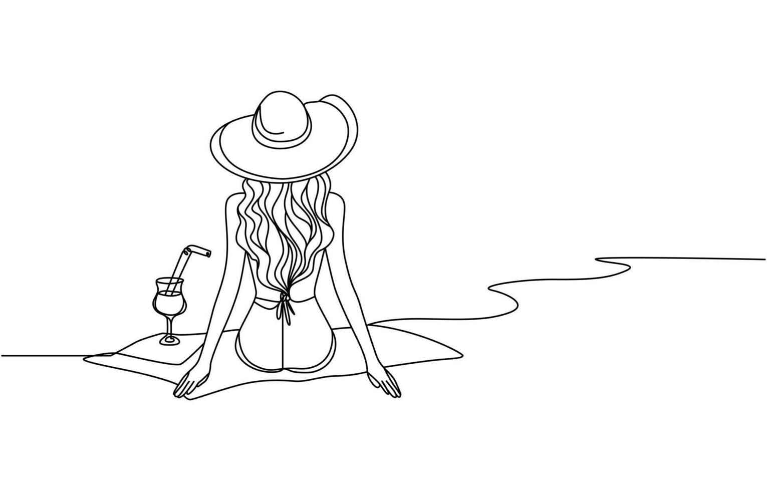 Young woman with a cocktail on the beach sitting.Line art illustration.Continuous line drawing of a girl in a hat under palm trees back view.Summer vacation.Summertime concept, Pro . vector