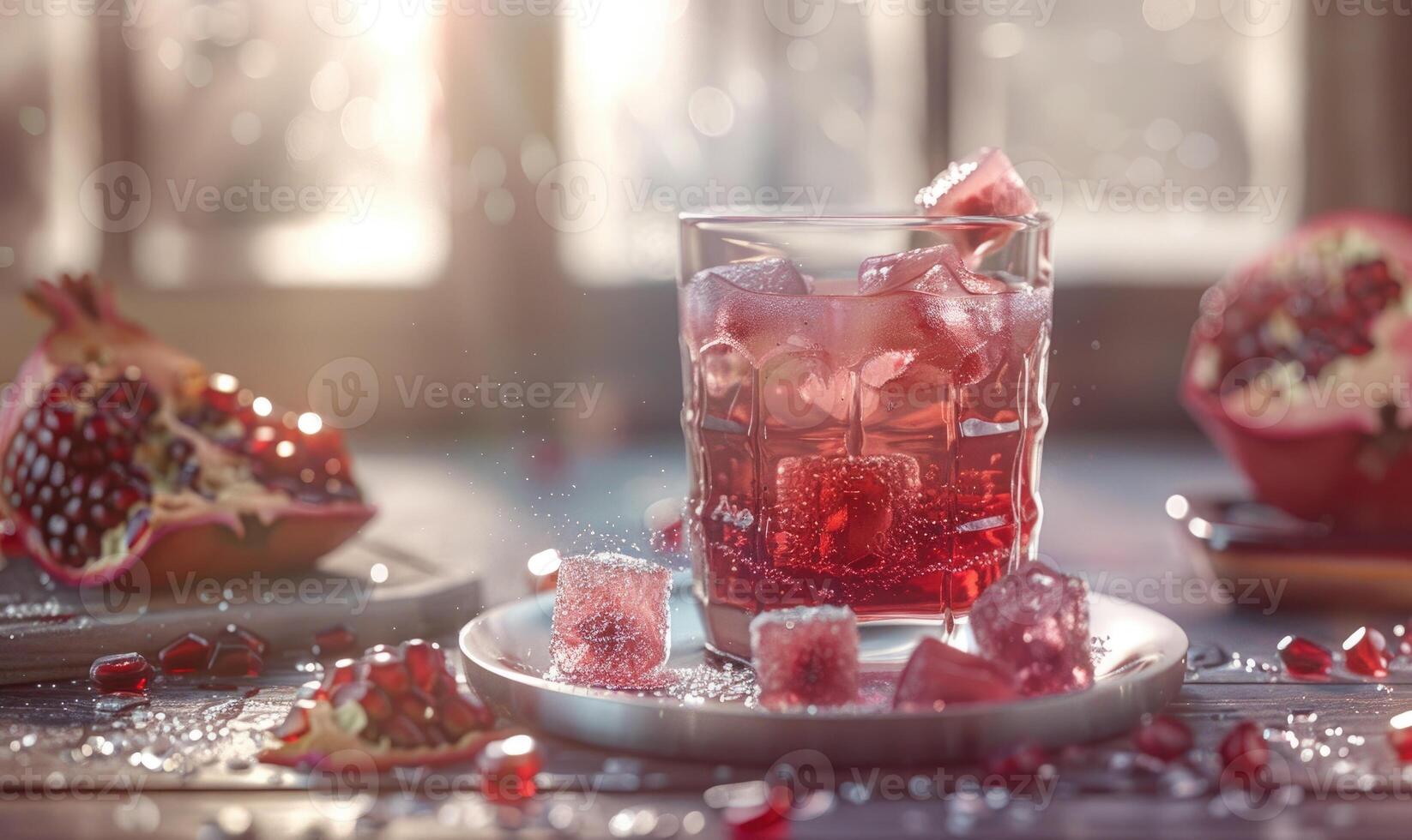 A glass of pomegranate juice with a dish of pomegranate-flavored Turkish delight photo