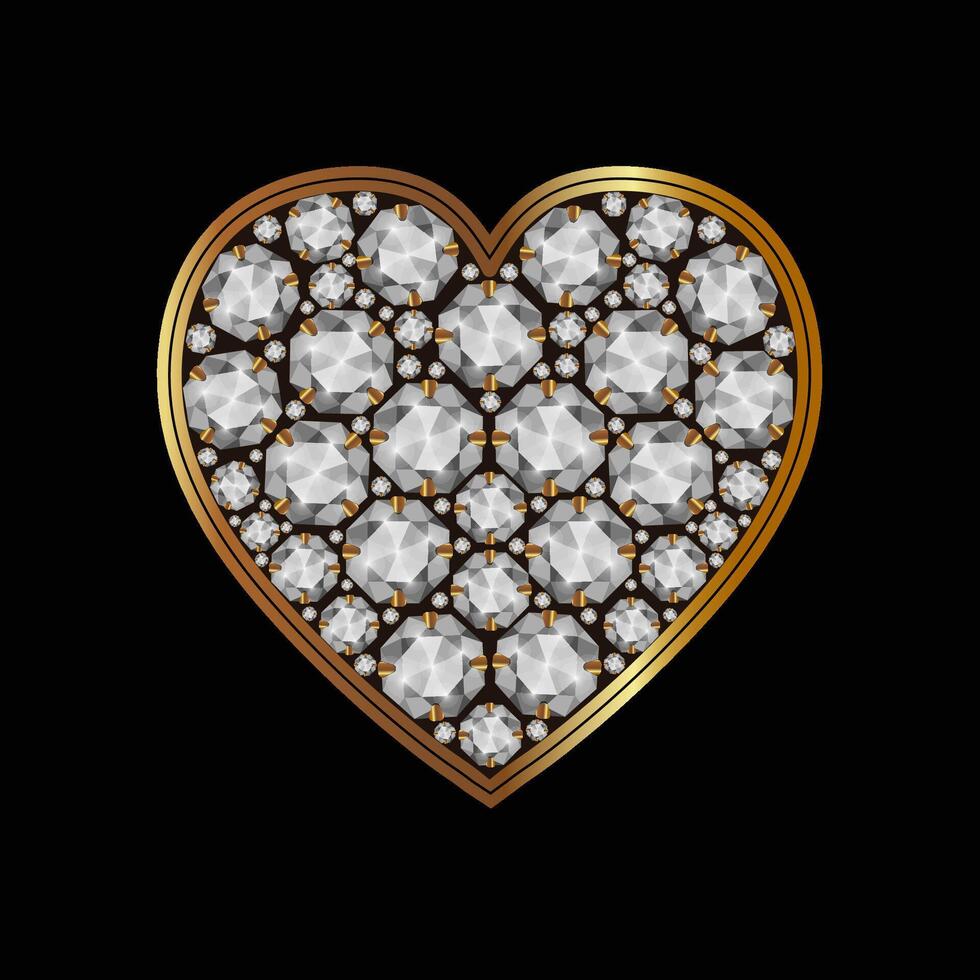 Golden heart of diamonds on black background. Wedding decoration. vector