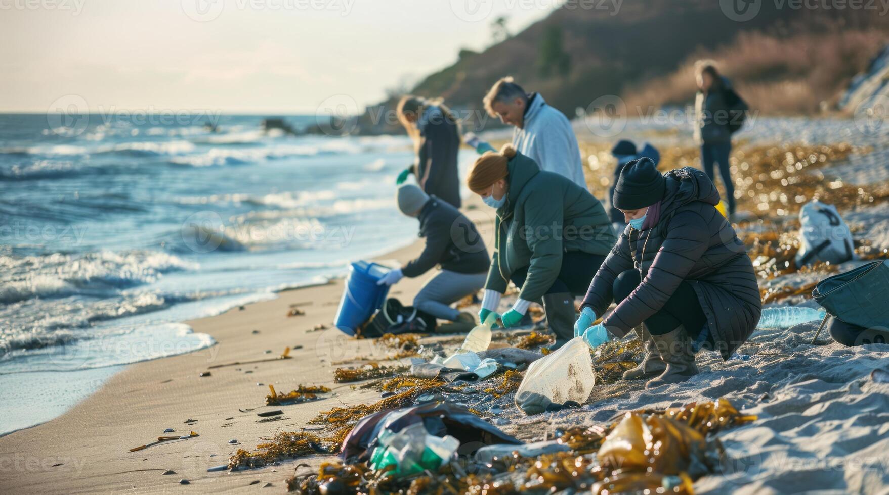 Team working together to clean litter and debris from the beach and sea.Generated image. photo
