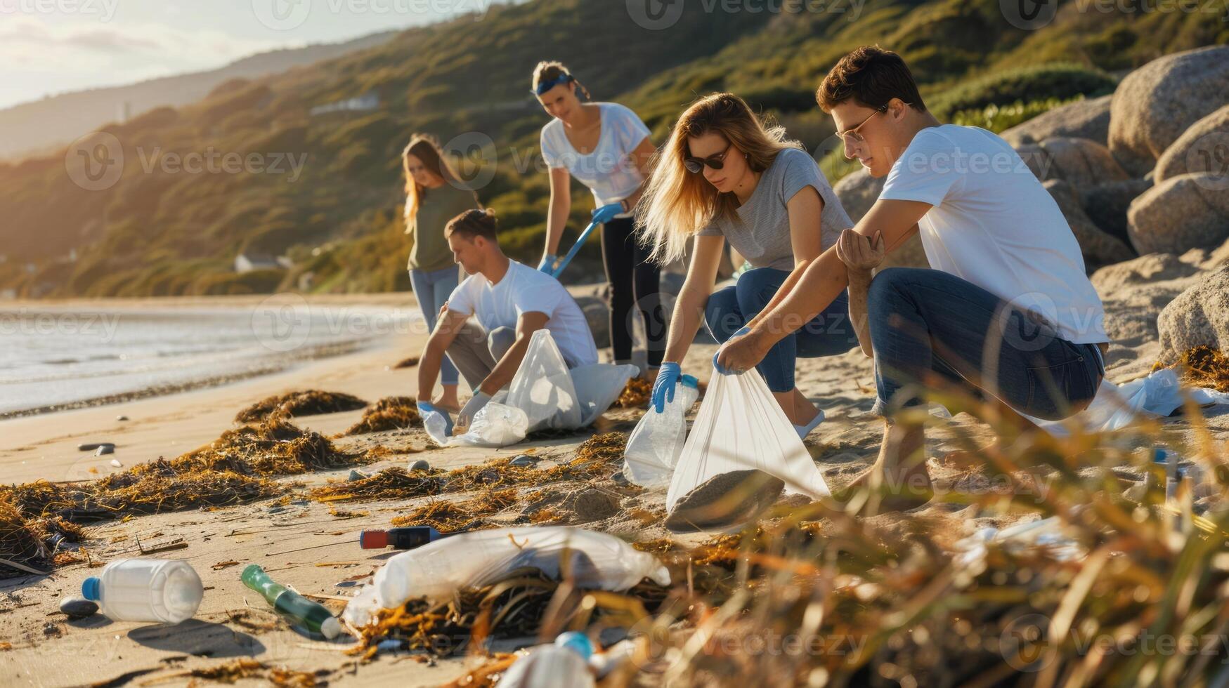 Team working together to clean litter and debris from the beach and sea.Generated image. photo