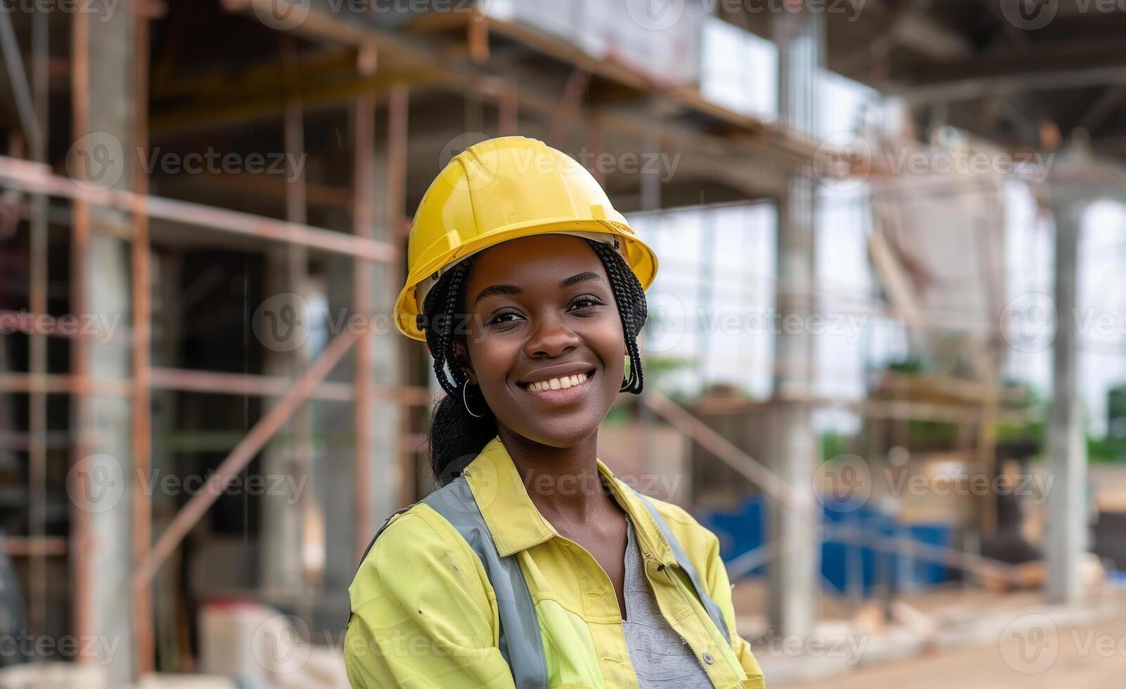 Portrait of an Afro engineer supervising construction work on site.Generated image photo
