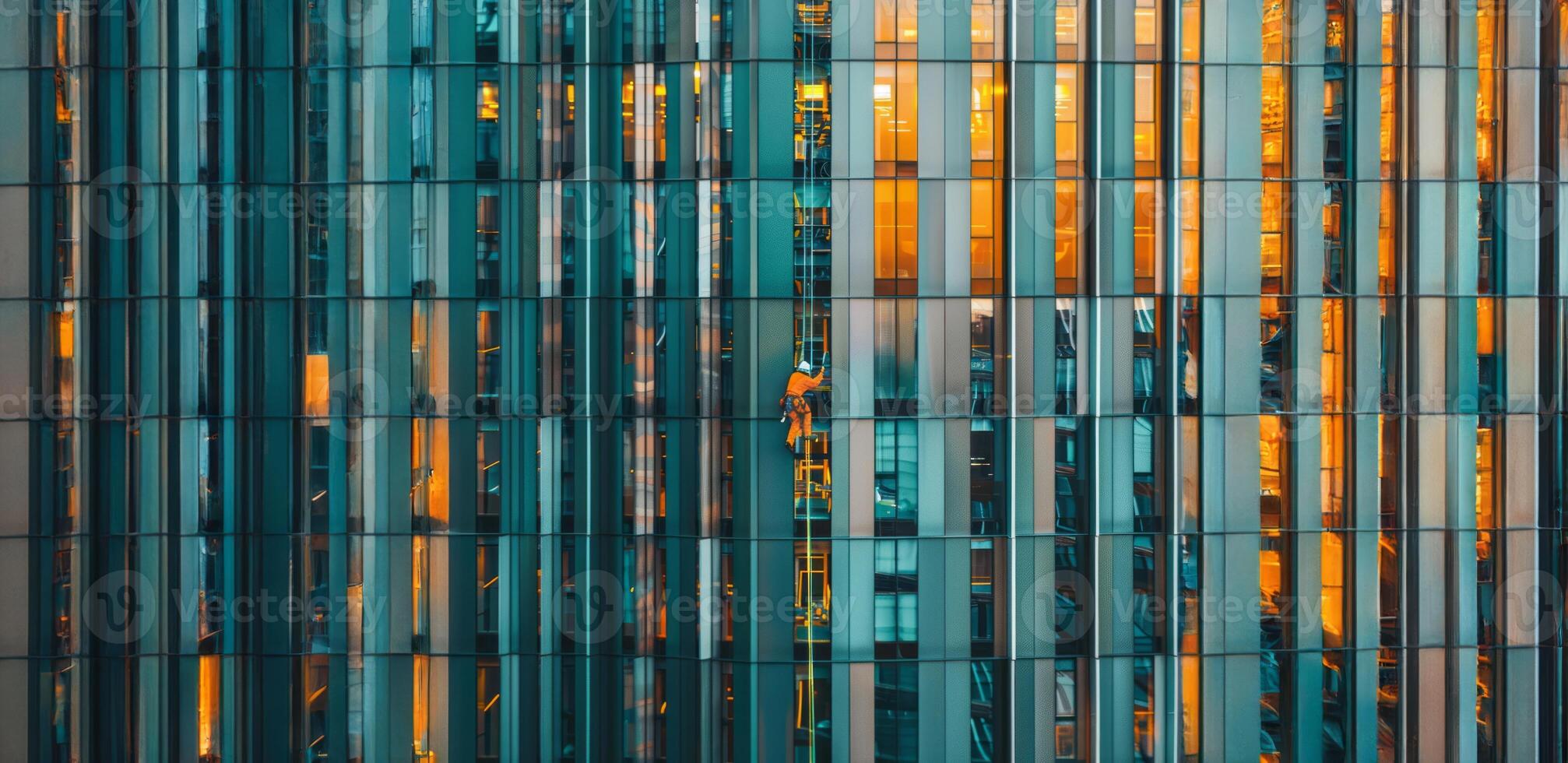 Worker cleaning windows on a high rise building.Generated image photo