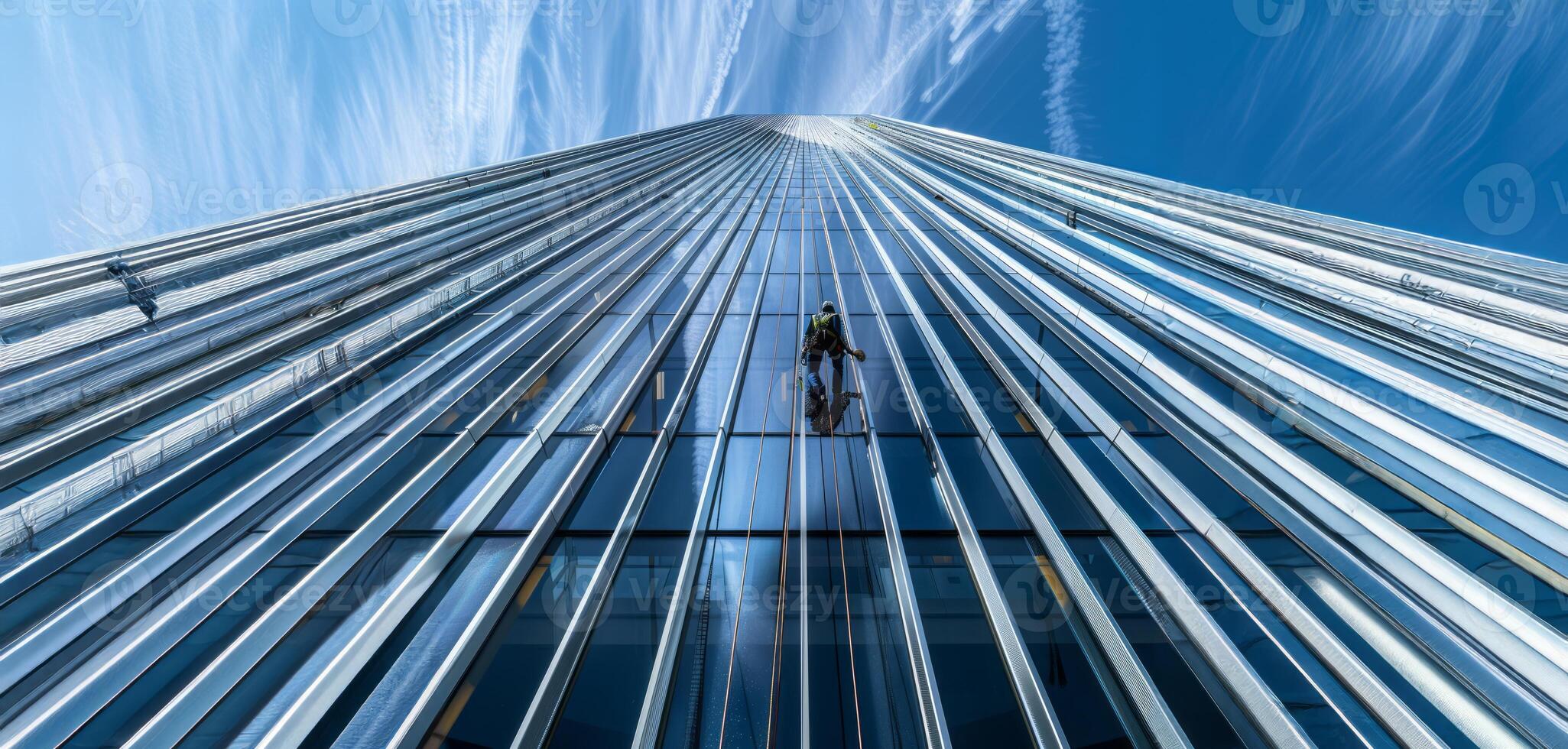 Worker cleaning windows on a high rise building.Generated image photo