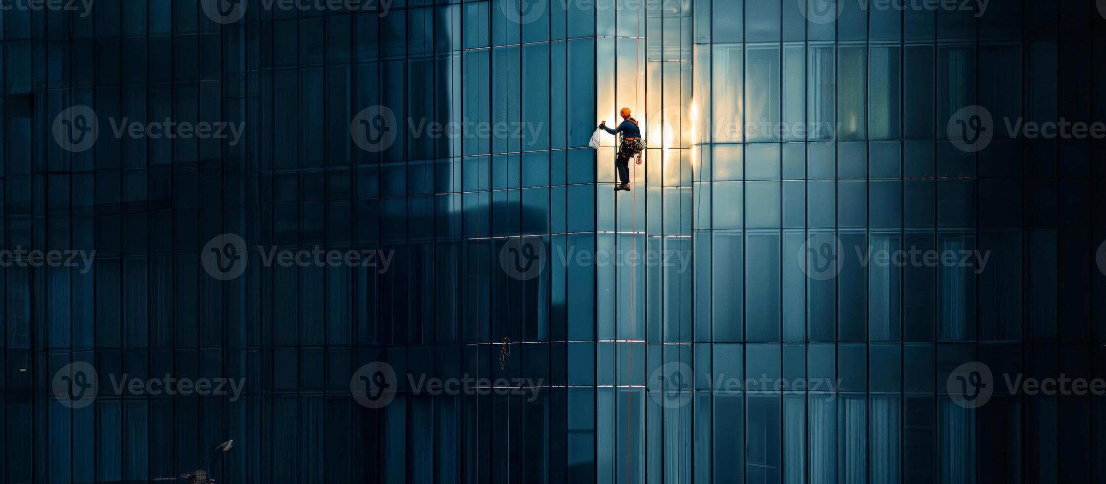 Worker cleaning windows on a high rise building.Generated image photo