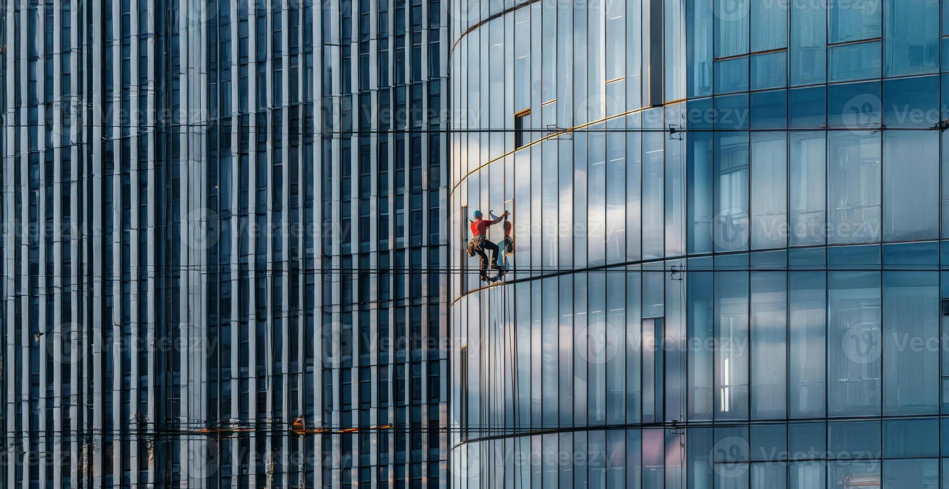 Worker cleaning windows on a high rise building.Generated image photo