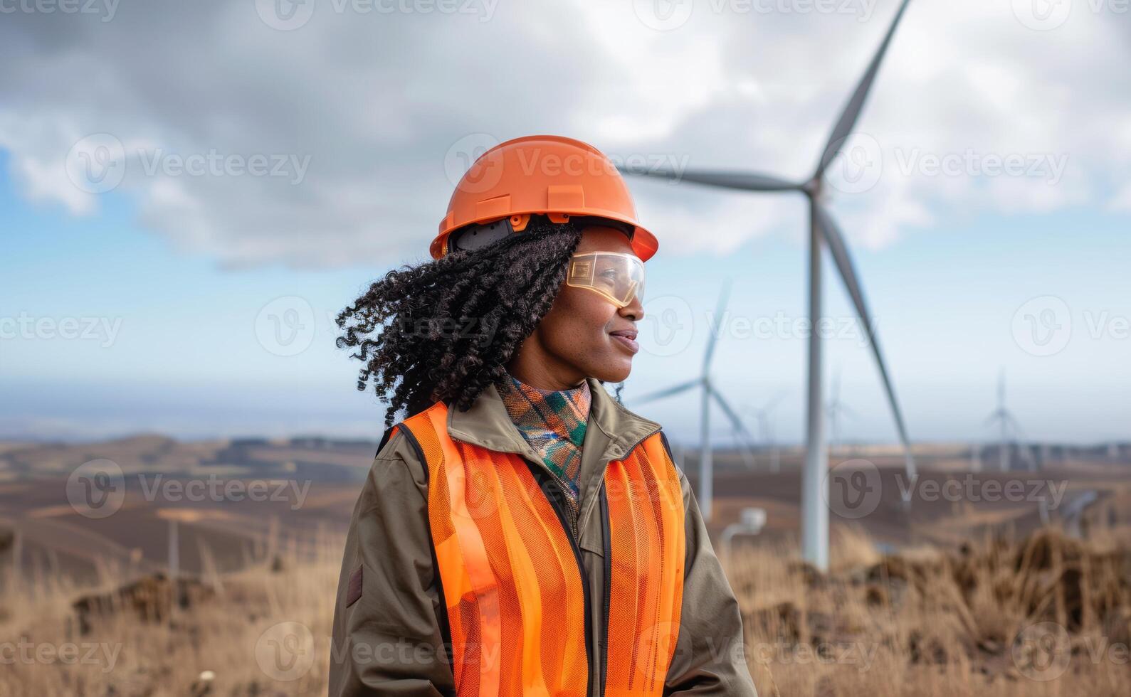 Portrait of an African female engineer in a helmet protective vest and glasses with wind turbines in the background.Generated image photo