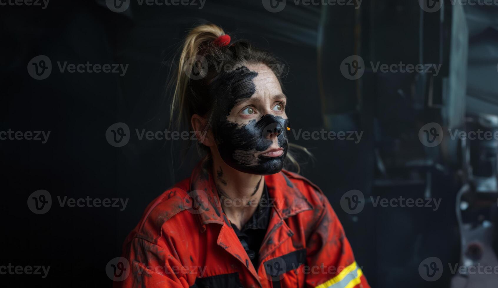 Portrait of a female firefighter with black soot on her face.Generated image photo