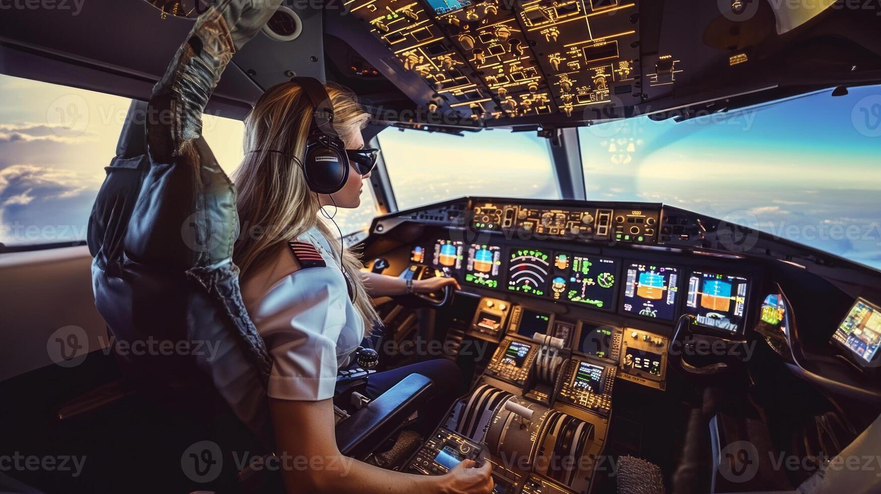 Female pilot operating an airplane from the cockpit.Generated image photo