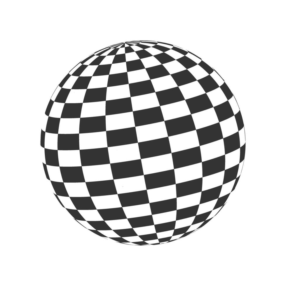 Checkered globe. 3D sphere icon. Orbit model, spherical shape. Ball with black and white squered pattern. Circle chessboard figure. Optical illusion. vector