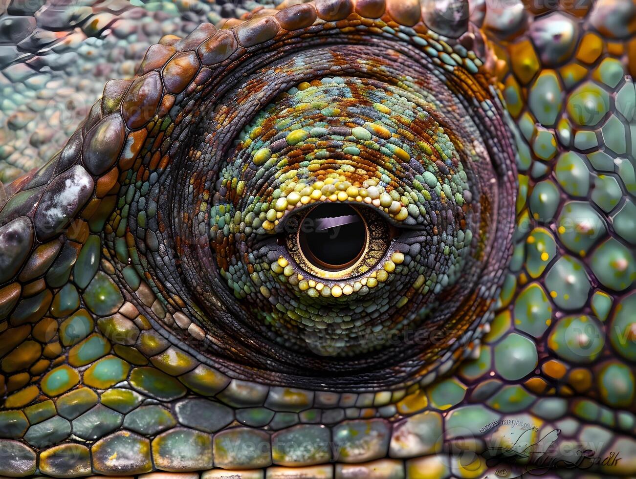 Close Up of a Chameleon s Intricate Color Changing Skin and Piercing Reptilian Eyes photo