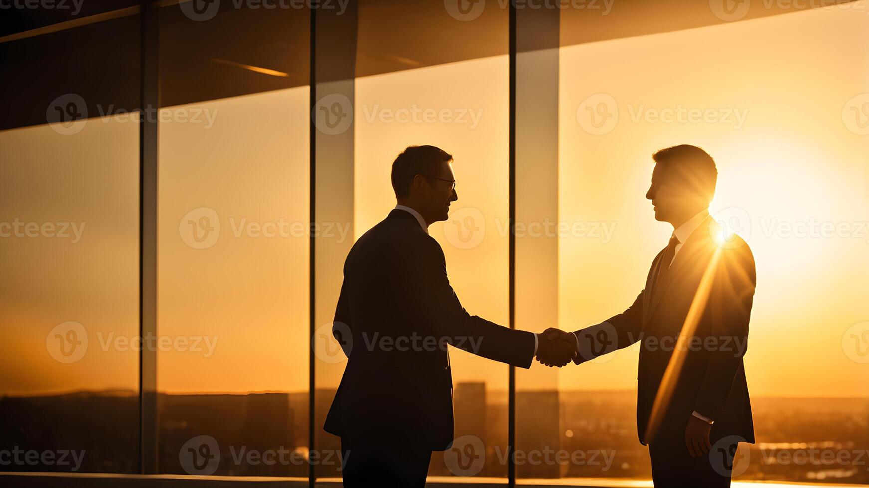 Silhouette businessman handshake stand nearby glass window against city building and sunset background. concept of business success, decision, partnership, cooporate, teamwork photo