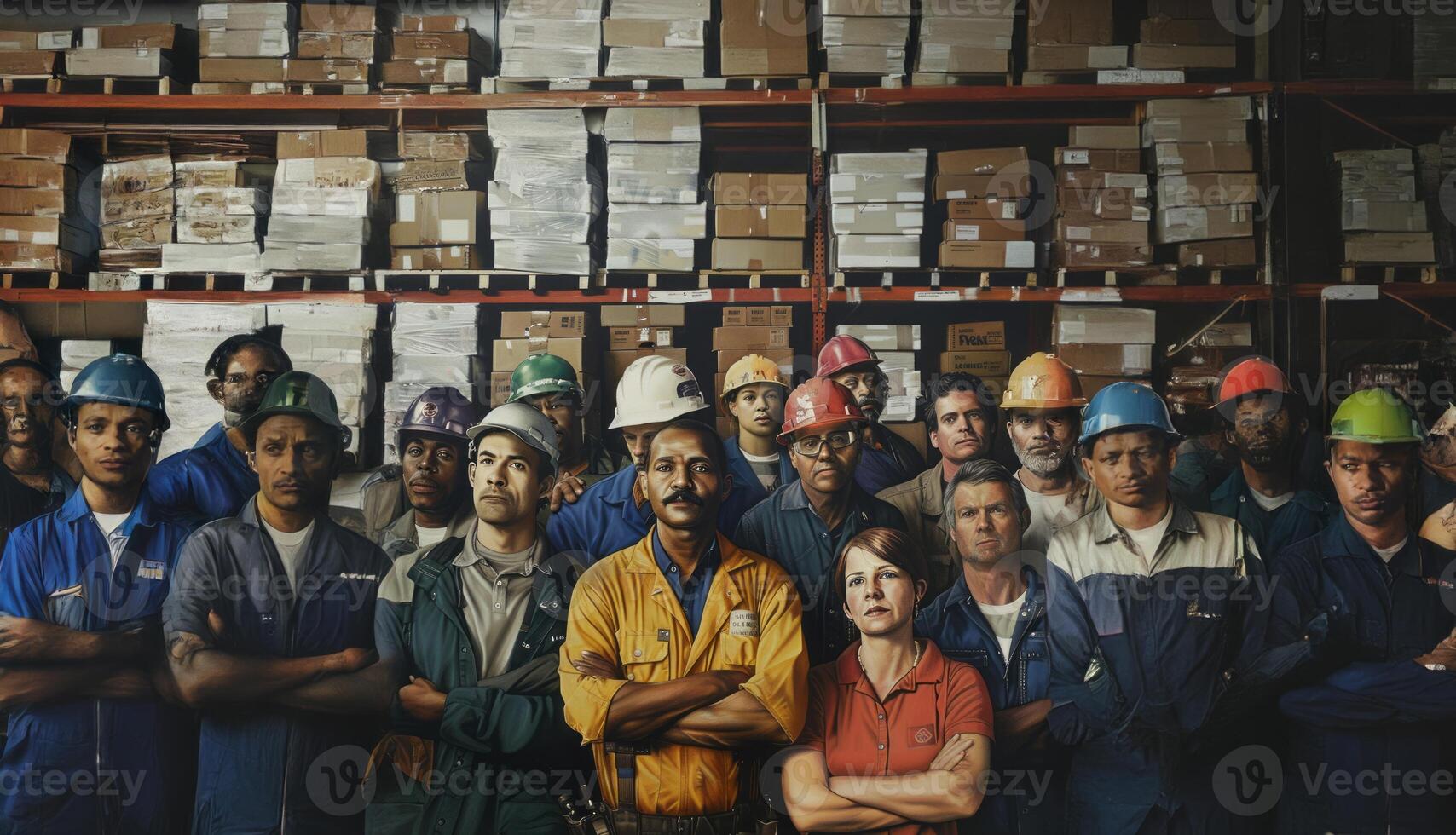 Group of warehouse workers with crossed arms in a company storage facility.Generated image photo