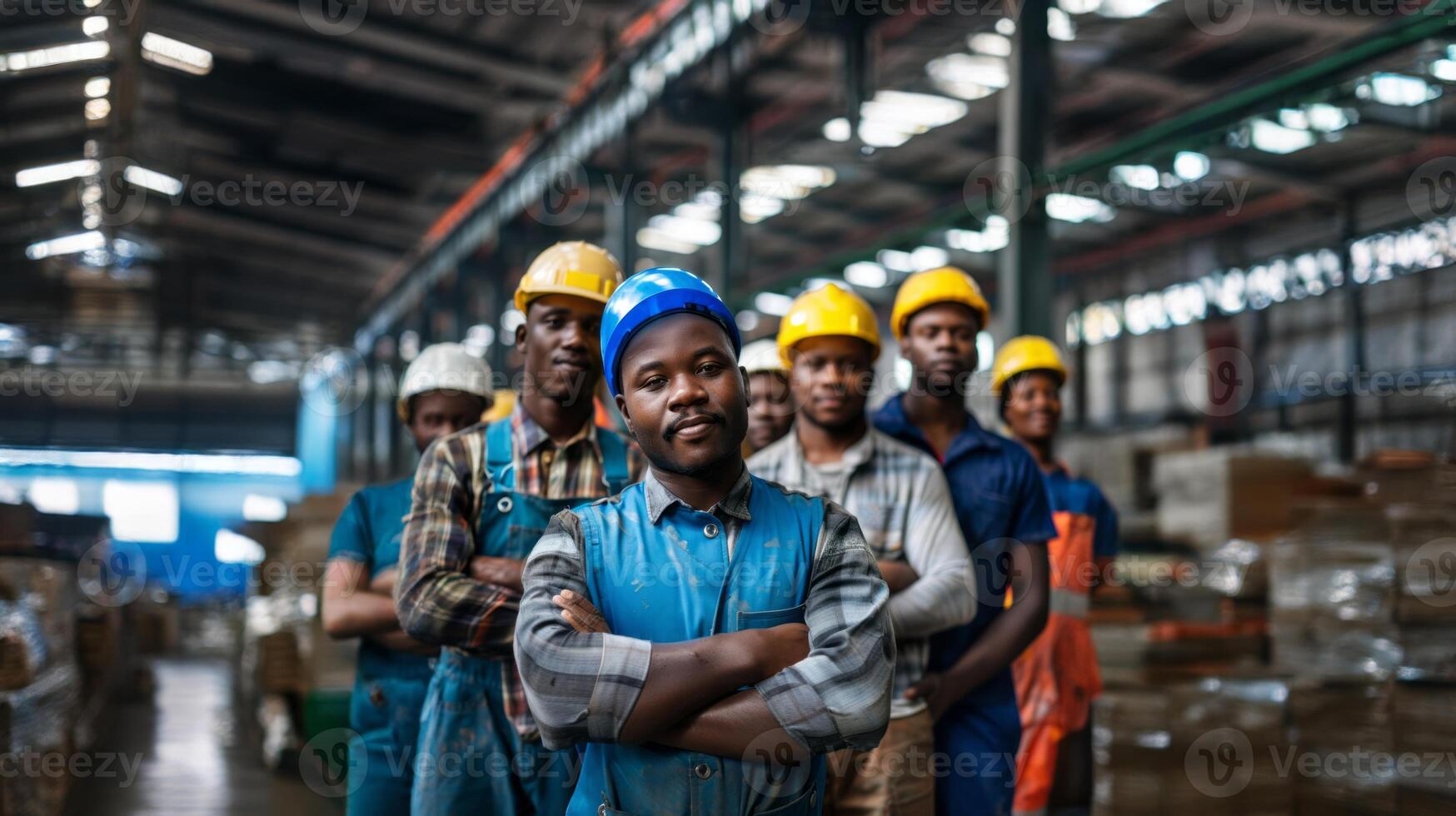 Group of warehouse workers with crossed arms in a company storage facility.Generated image photo
