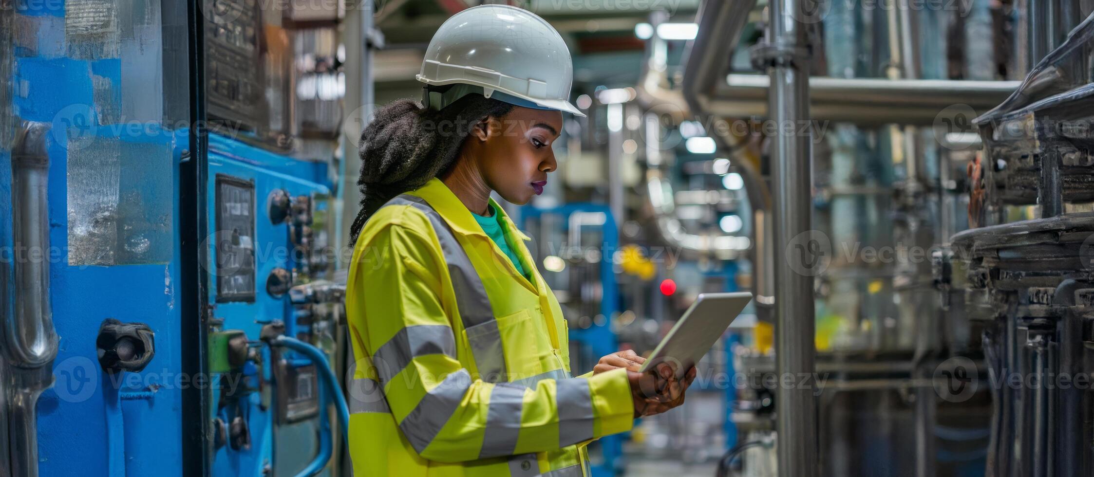 Portrait of African American Female Engineer Monitoring Warehouse Operations.Generated image photo