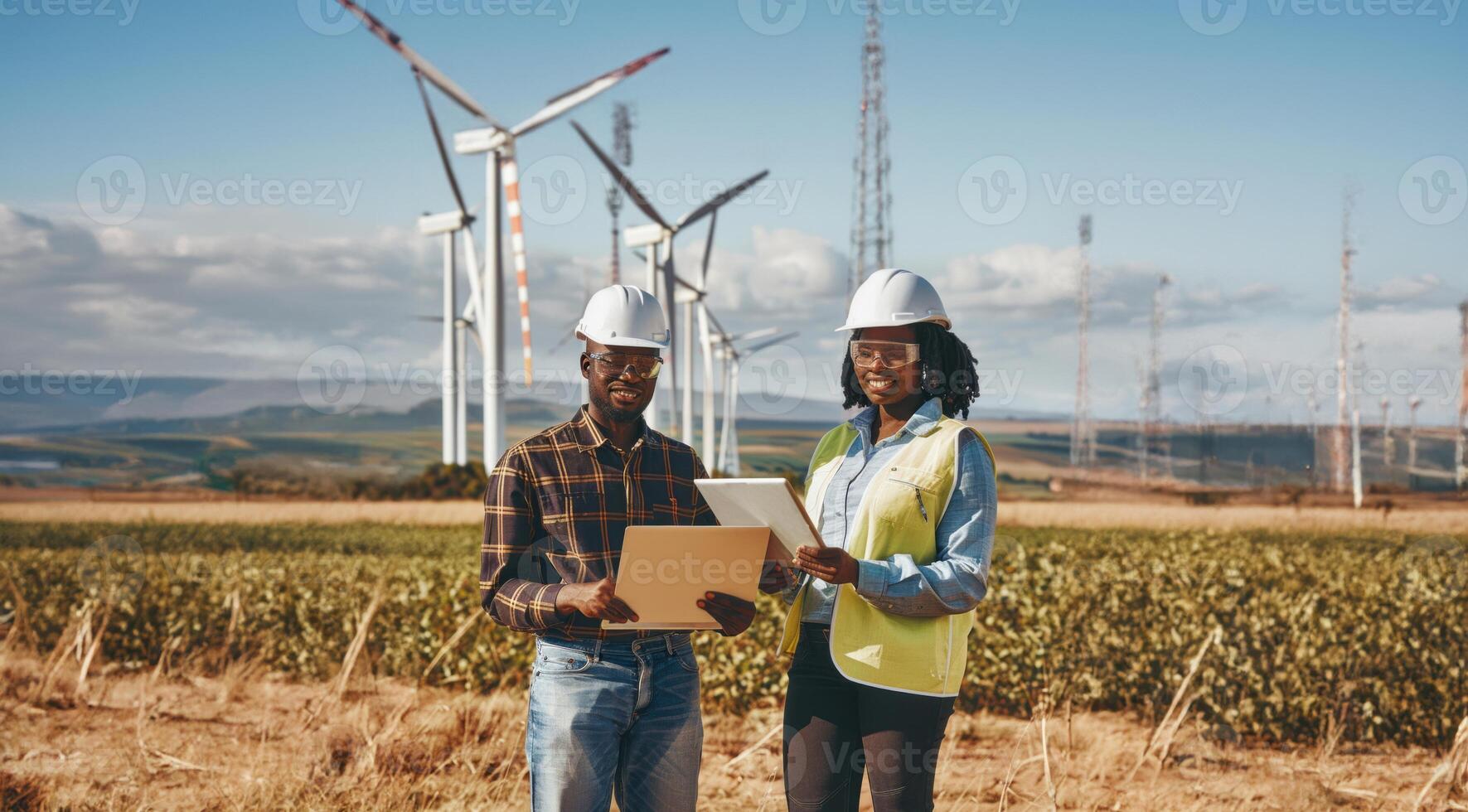 Engineers Using Digital Technology to Monitor Wind Turbine Maintenance.Generated image photo