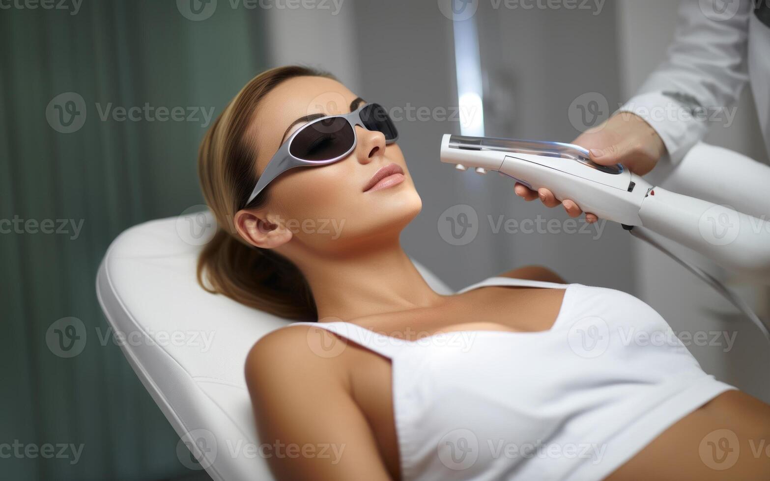 Modern woman undergoes laser hair removal therapy, embracing contemporary beauty techniques for smooth and hair-free skin. photo