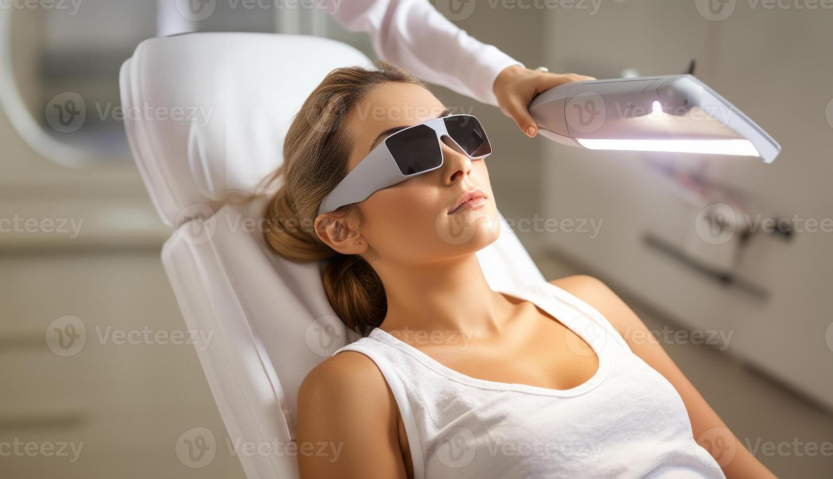 Modern woman undergoes laser hair removal therapy, embracing contemporary beauty techniques for smooth and hair-free skin. photo