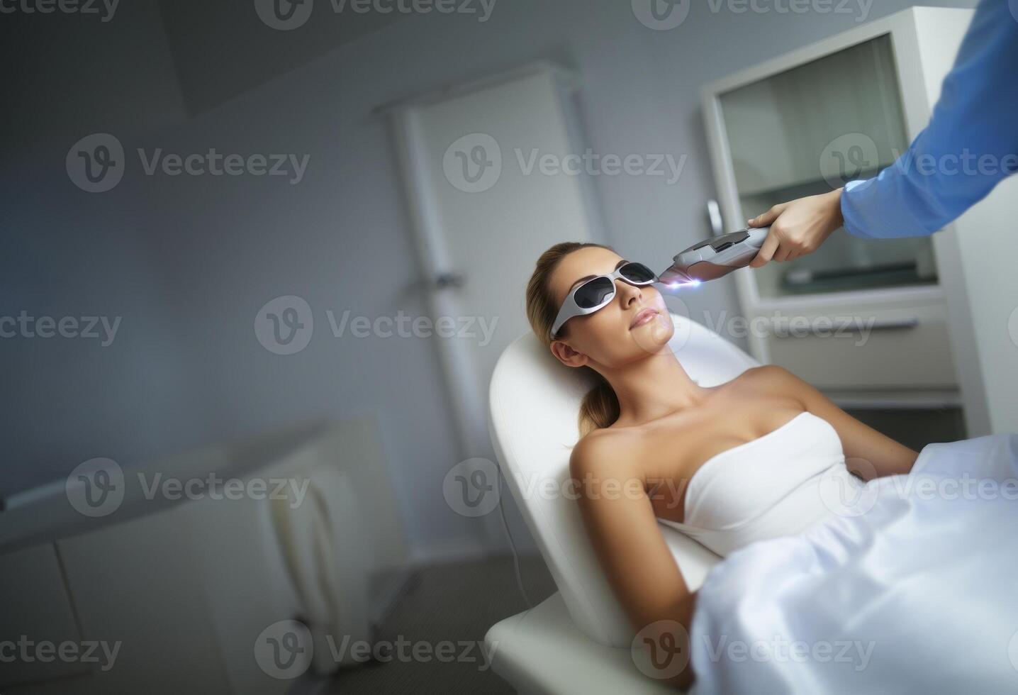Modern woman undergoes laser hair removal therapy, embracing contemporary beauty techniques for smooth and hair-free skin. photo