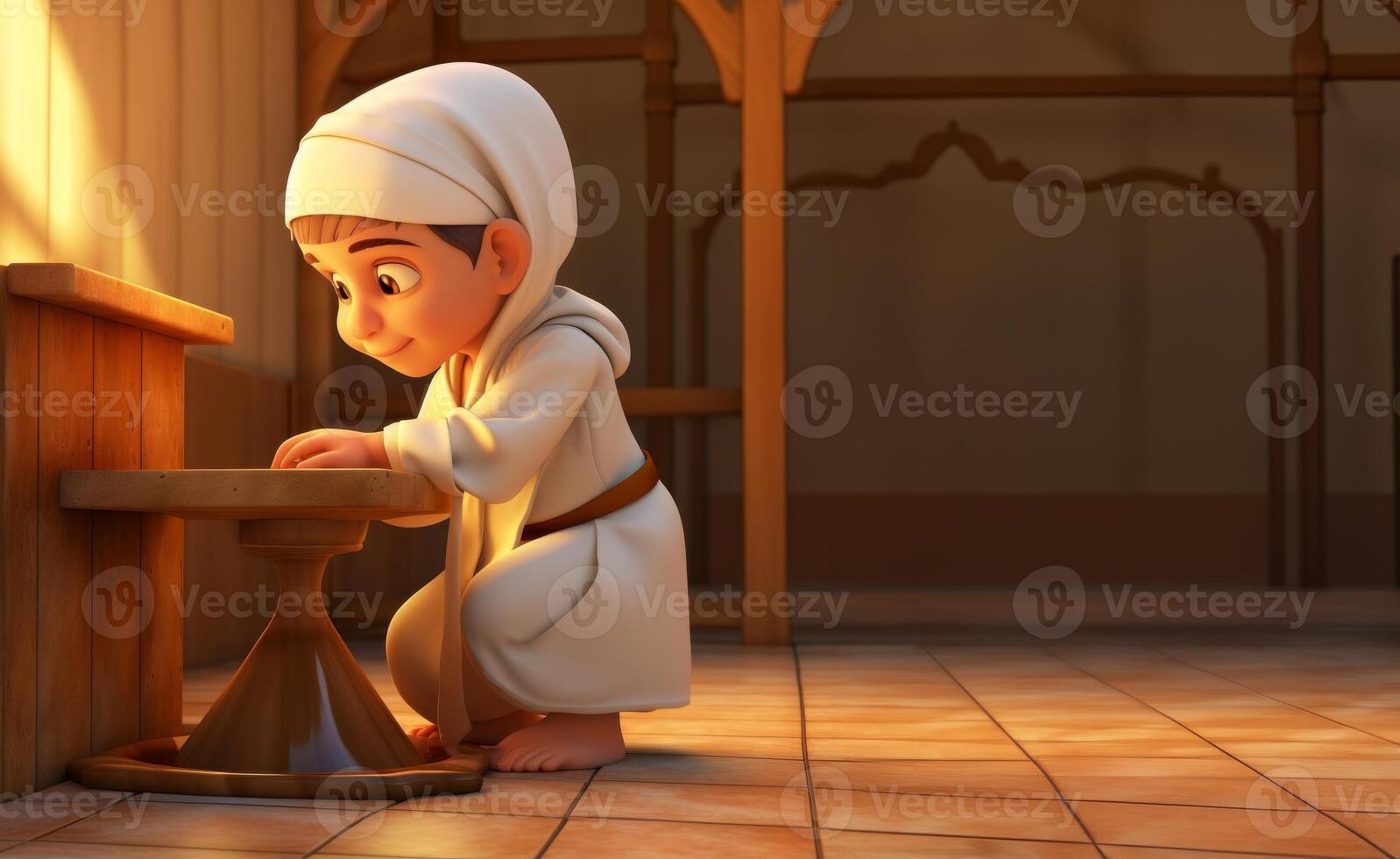 A serene moment captured in a photograph, depicting a little girl engaged in the Islamic ritual of abdest, symbolizing purity and spiritual cleansing before prayer.Generated image photo