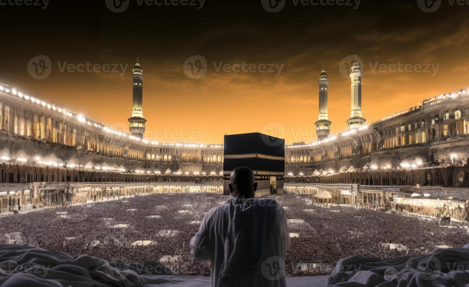 Muslim Man in Traditional Attire Praying Toward the Holy Kaaba.Generated image photo