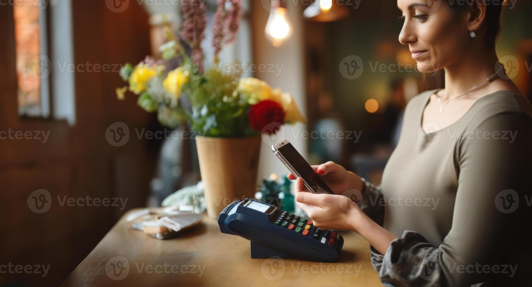 Closeup of a Woman Using a Smartphone to Pay the Bill at a RestaurantGenerated image photo