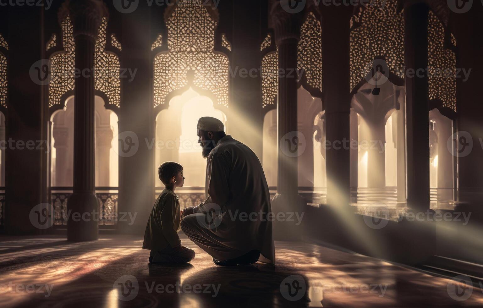 Father and Son in Ihram at a Sacred Site During Their Pilgrimage.Generated image photo