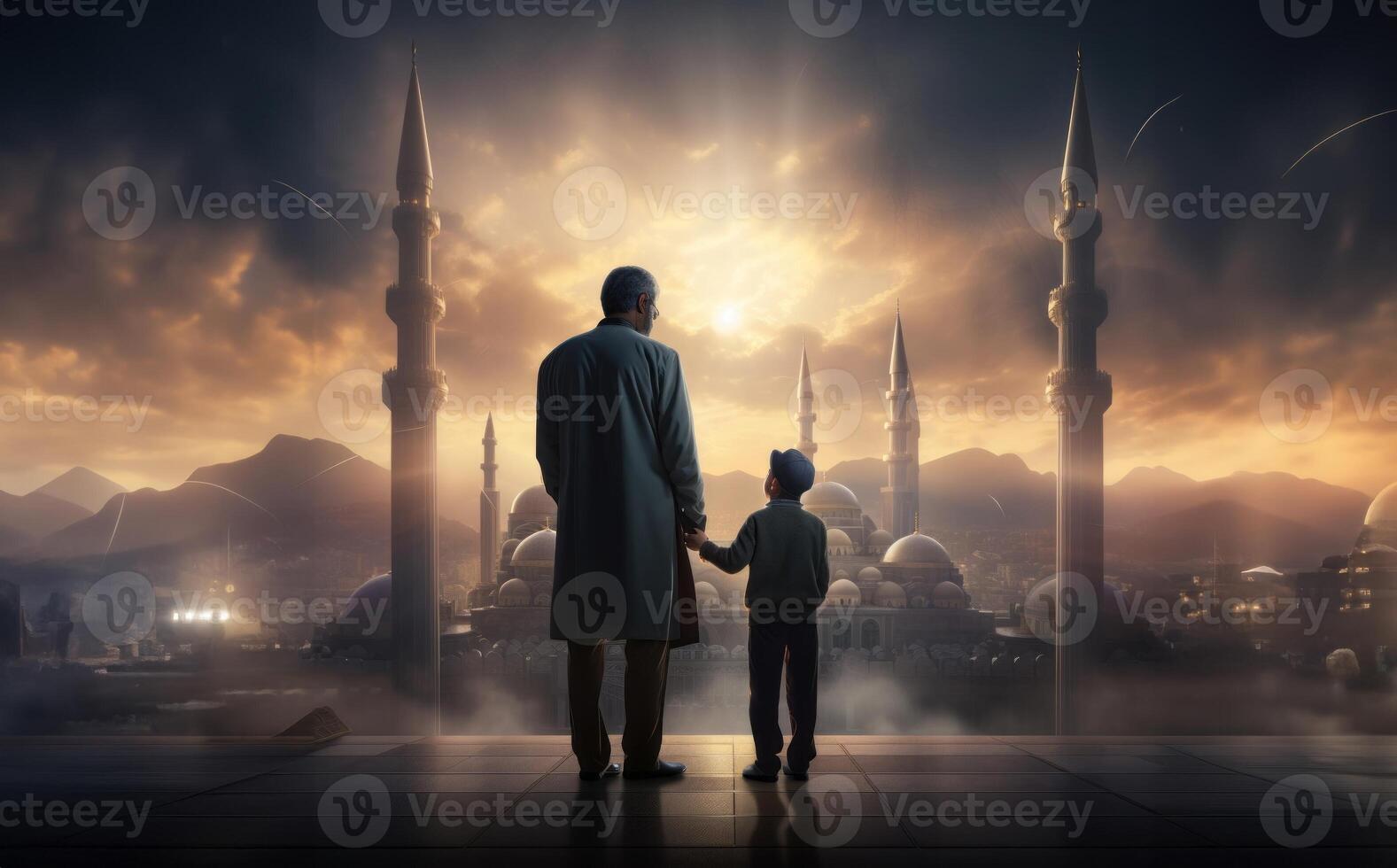 Father and Son in Ihram at a Sacred Site During Their Pilgrimage.Generated image photo