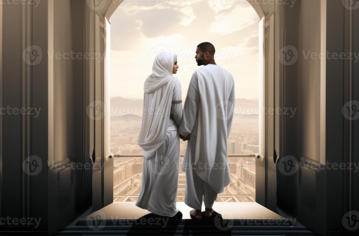 Portrait of a Muslim couple in white Ihram garments at a sacred site, reflecting their devotion and unity during pilgrimage.Generated image photo