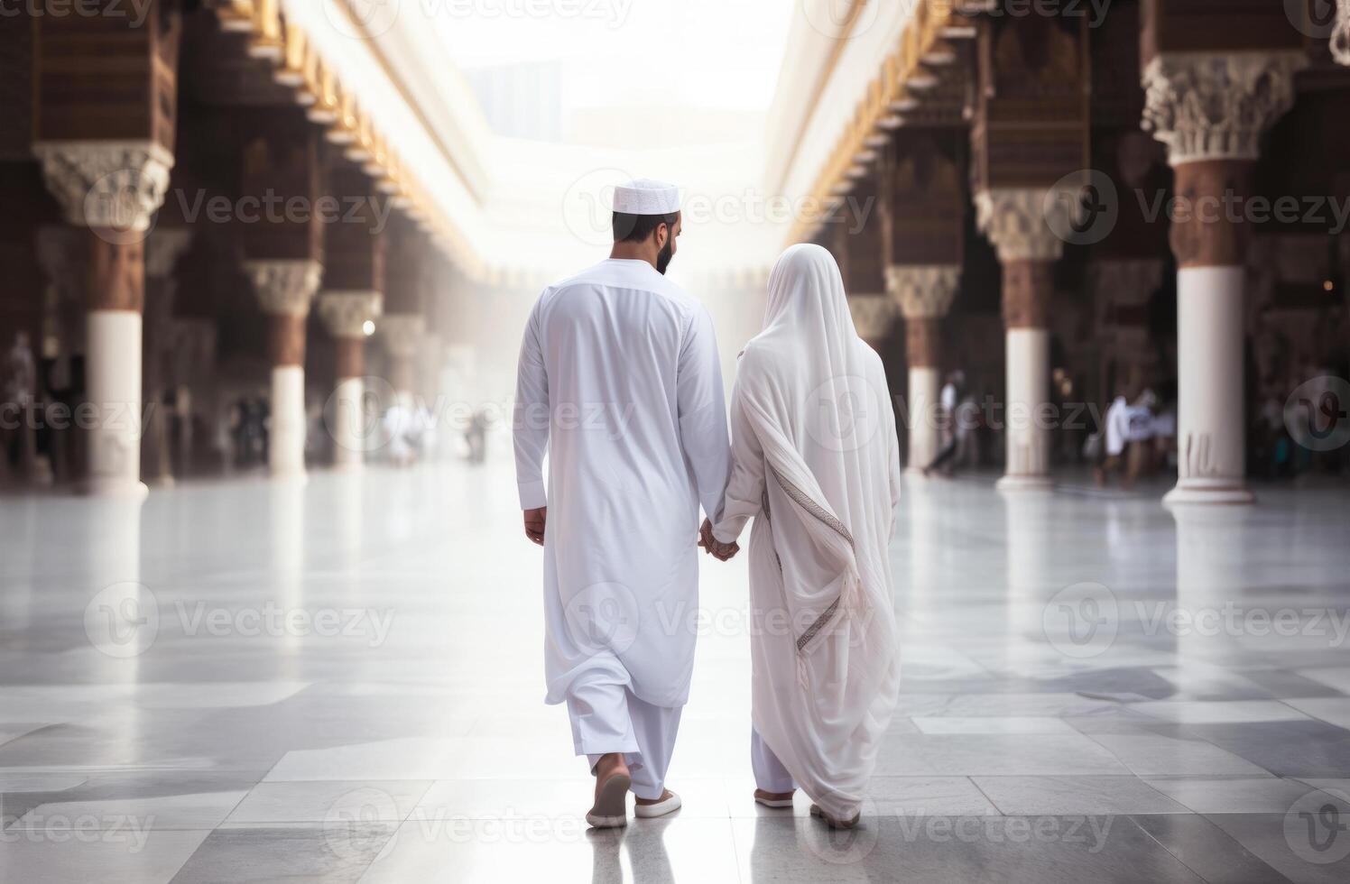 Portrait of a Muslim couple in white Ihram garments at a sacred site, reflecting their devotion and unity during pilgrimage.Generated image photo